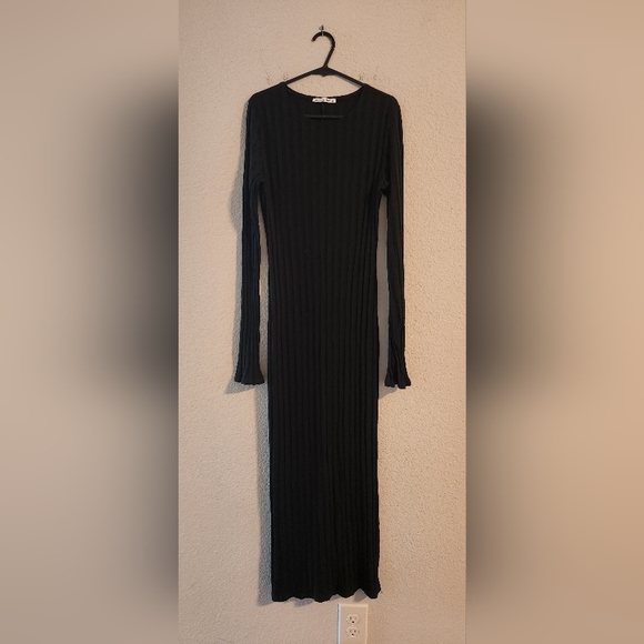 Reformation Jeans Black Ribbed Long Sleeve Slit Maxi Dress Stretch Knit Medium - Picture 1 of 6